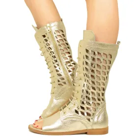 Platinum Perforated Leather Sandal Bootie with Zipper